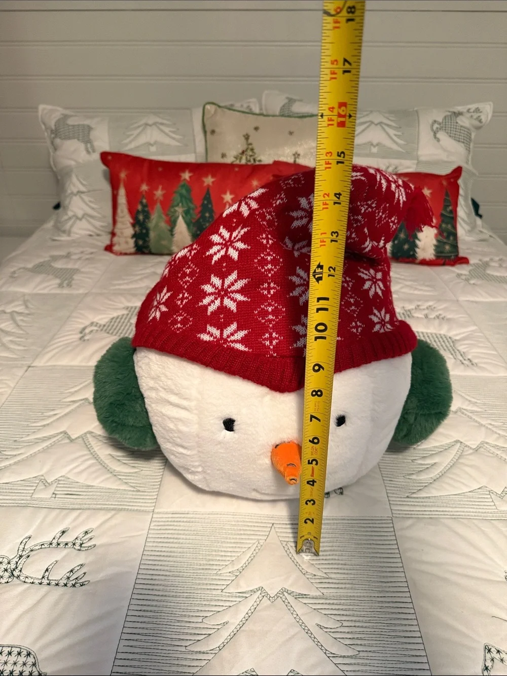 Plush Snowman Head Holiday Pillow with Red Knit Hat